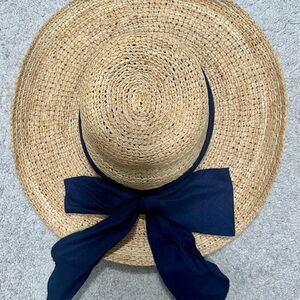 Scala Elegant Tan Straw Hat with Navy Bow
